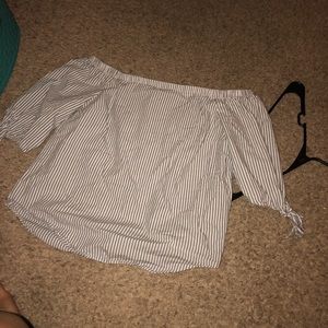 off the shoulder grey and white top